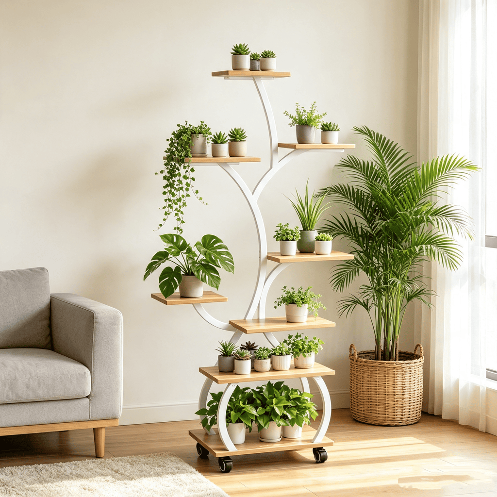 Tree Shaped Plant Stand with Full Spectrum Grow Light, White Metal Frame Plant Shelf with Lockable Wheels, 8-Tier Wooden Display Rack for Indoor Plants, 48 27.6 11.8 Inches