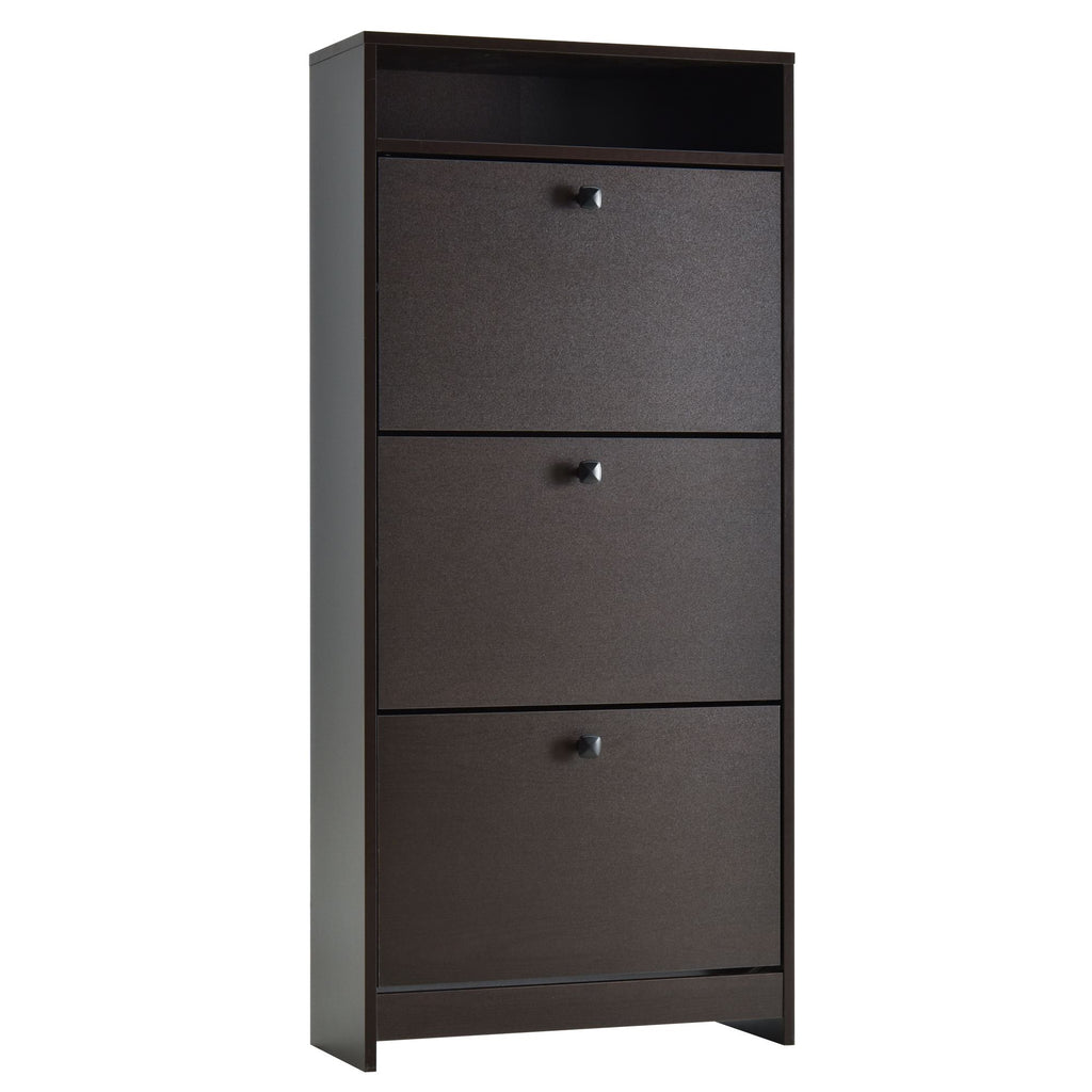 Trendy Shoe Storage Cabinet 3 Large Fold-Out Drawers Spacious Top Surface Espresso