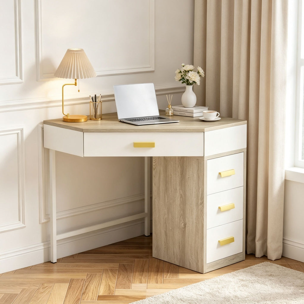 Triangle Corner Desk with 3 Drawers, Space-Saving Computer Desk & Makeup Vanity, Compact L-Shape Workstation for Small Spaces