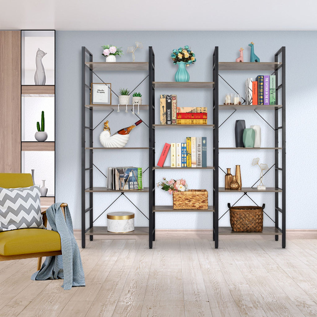 Triple Wide 5-Shelf Bookcase, Etagere Large Open Bookshelf Vintage Industrial Style Shelves Wood and Metal bookcases Furniture for Home & Office RT