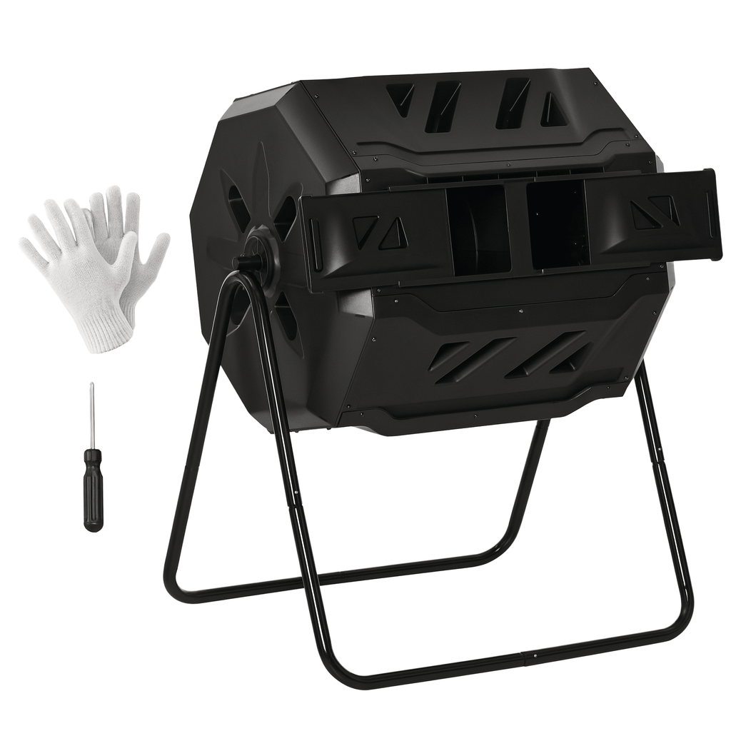 Tumbling Compost Bin Outdoor 360° Dual Chamber Rotating Composter 43 Gallon, Black