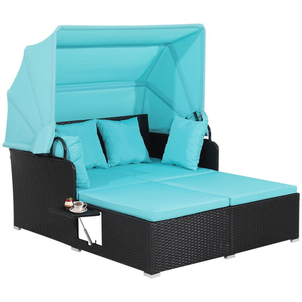Turquoise Rattan Daybed Lounge W/ Retractable Top Canopy Side Tables Cushions
