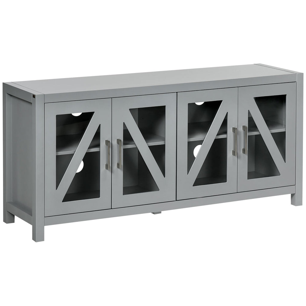 TV Cabinet Stand for TVs up to 58", Entertainment Center with Adjustable Shelves, 4 Glass Doors and 4 Cable Holes for Living Room, Gray
