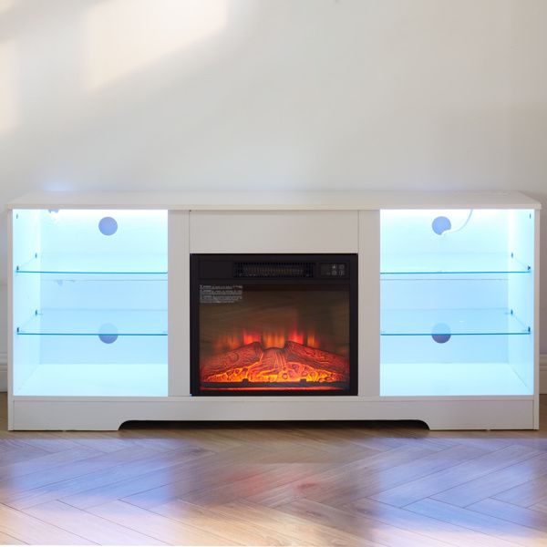 TV Stand Electric Fireplace Glass Shelves, 3D Fireplace TV Stand with LED Lights Wood with USB Charging Outlet Modern Television Table Center for TV up to 62" White, 58''W*15.5''D*24.4