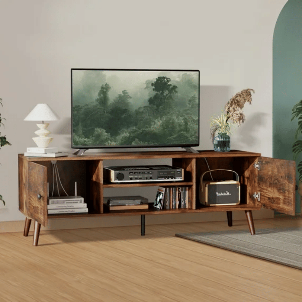 TV Stand for TVs up to 60", Modern Mid Century Entertainment Center with Storage, 2 Cabinet Media Console Table, Vintage Brown (Shipment from Walmart)