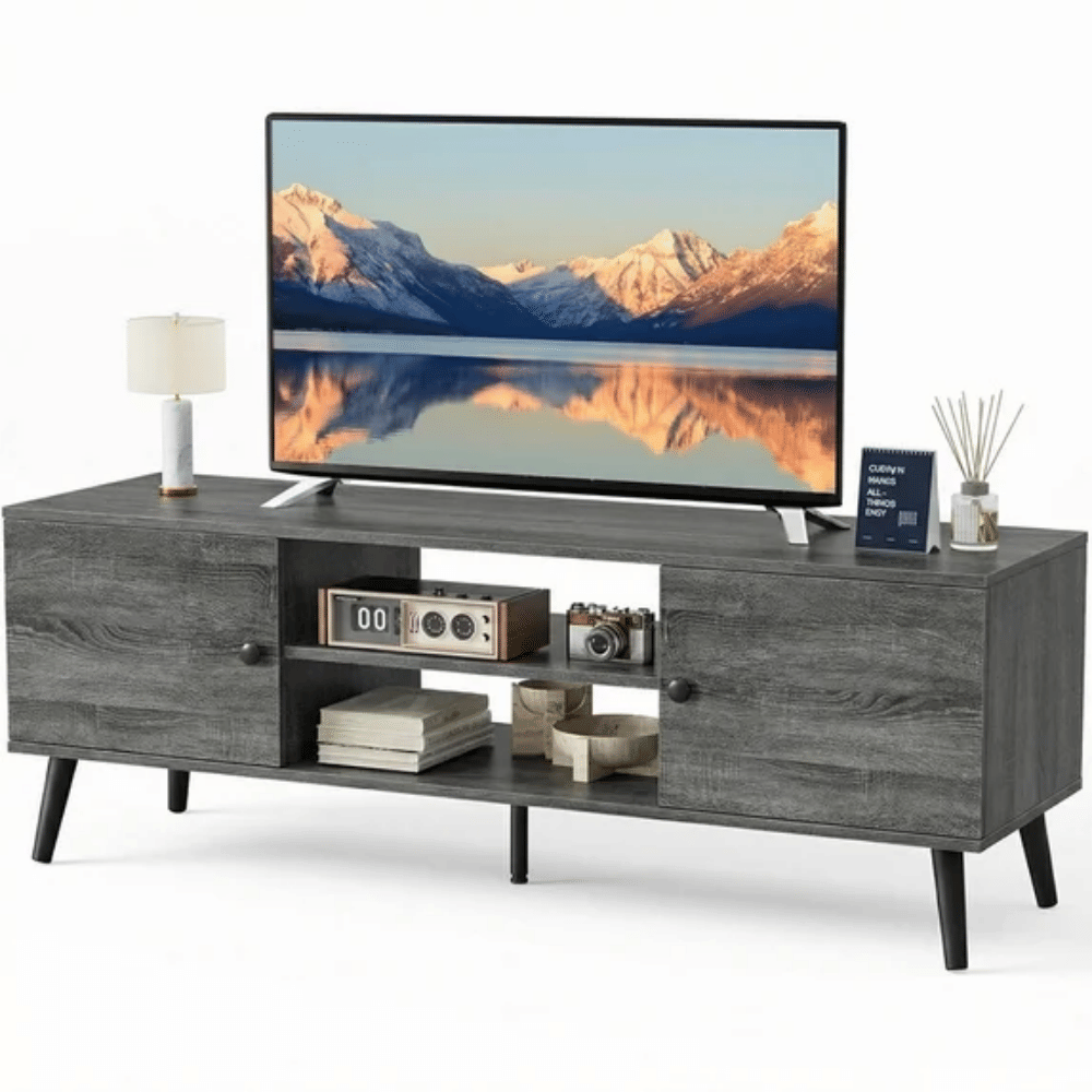 TV Stand for TVs up to 60", Modern Mid Century Entertainment Center with Storage, 2 Cabinet Media Console Table, Wood Gray (Shipment from Walmart)