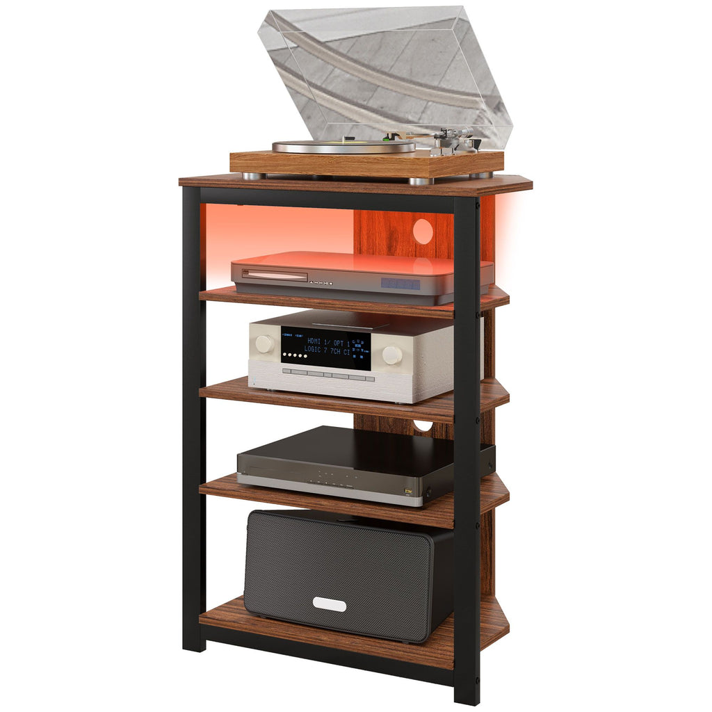 TV Stand with LED Lights, AV Media Stand, Corner Audio Tower with Storage Shelves & Steel Frame, for Living Room, Brown