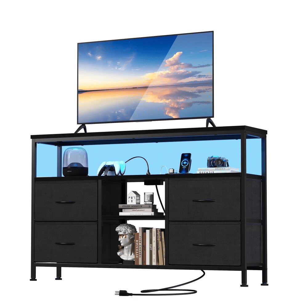 TV Stand with Power Outlets and LED Lightfor43-inch TV, Double-layer 4 Fabric DrawersforLiving Room/Bedroom, Black