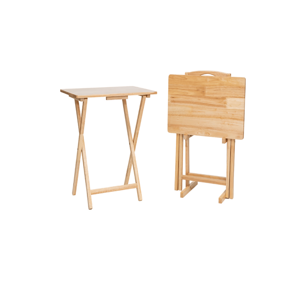 TV TrayTableSet, 3-Piece with 2 Folding Rubberwood Trays andStorageRack, Natural