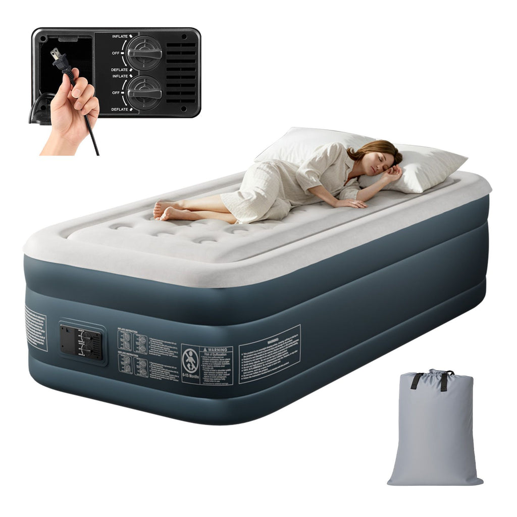 Twin Air Mattress with Built-in Pump, 18in Raised Comfort Blow up Mattress, Double Chamber Airbed, 2min Quick Inflation/Deflation Inflatable Mattress for Home Guests Camping, Gray & White