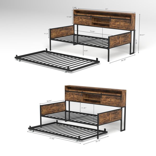 Twin Daybed with Trundle, Farmhouse Daybed Frame with Sliding Barn Door Headboard and Charging Station & LED Light for Bedroom and Guest Room, Rustic Brown