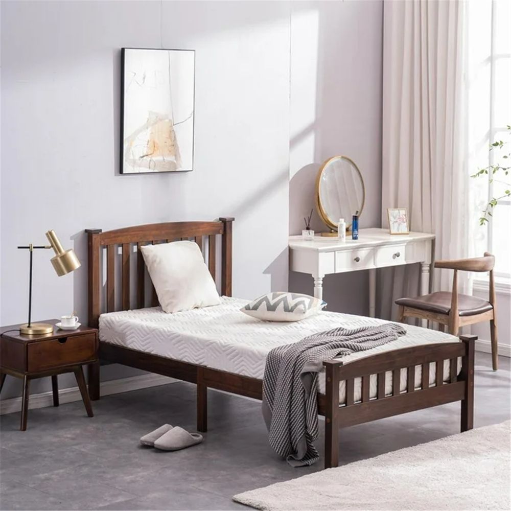 Twin Pine Bed Frame Painted Single-Layer Wooden Bed Curved Headboard and Footboard Bed Frame Wooden Bed with Vertical Decorative Strips at the Headboard 78.94*42.52*38.98in Coffee Brown