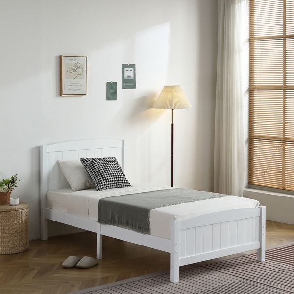 Twin Pine Single-Layer Core Vertical Stripe Full-Board Curved Bed Head With The Same Bed Foot White Wooden Bed