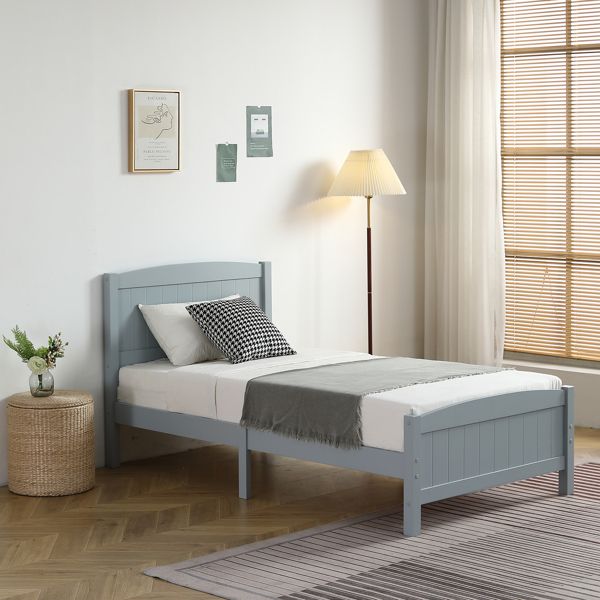 Twin Pine Single-Layer Core Vertical Stripe Full-Board Curved Bed Head With The Same Bed Foot Wooden Bed Grey