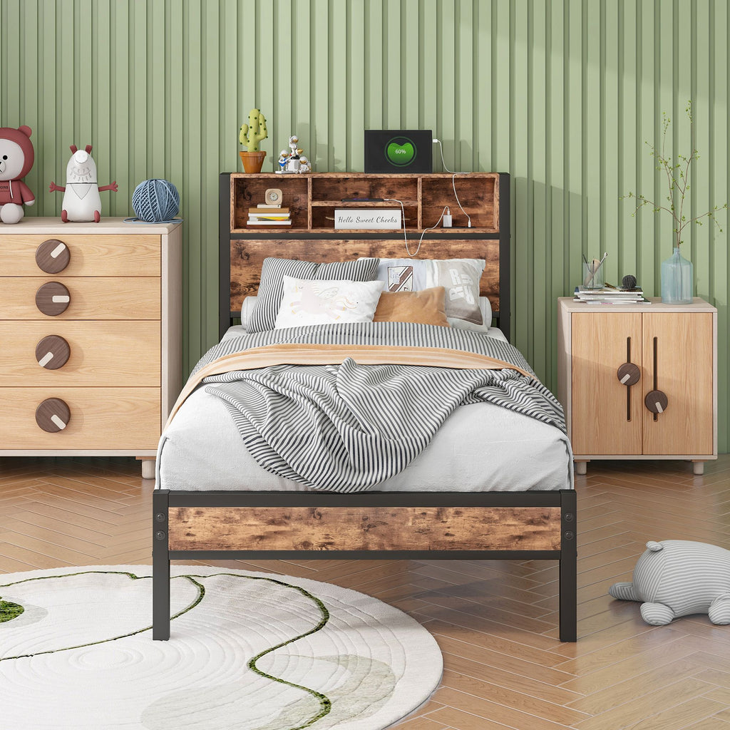 Twin Size Bed Frame with Storage Headboard, Metal Platform Bed with Charging Station, Bookcase Storage, No Box Spring Needed, Easy Assembly
