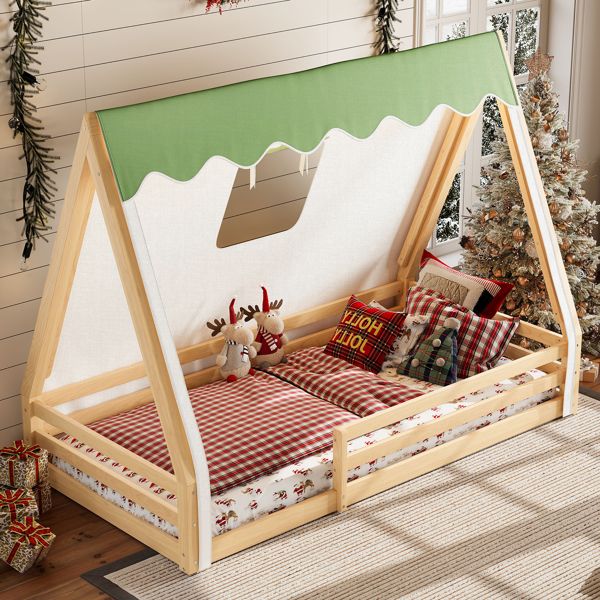 Twin Size House Floor Bed with Tent and Light, Solid Wood Teepee Floor Bed with Full-length Guardrails, Montessori and Childlike Design, Natural+Green