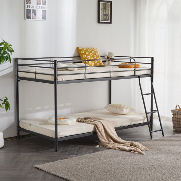 Twin Size Metal Bunk Bed for Kids Teens Adults, Heavy Duty Metal Bunk Bed with Ladder & Full-Length Guard Rail, Black