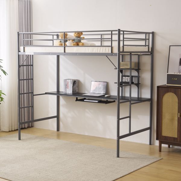 Twin Size Metal Loft Bed with Desk and Storage Shelves, 2 Built-in Ladders & Full-Length Guardrails, Loft Bed Frame for Teens Juniors Adults, Noise Free, No Box Spring Needed, Grey