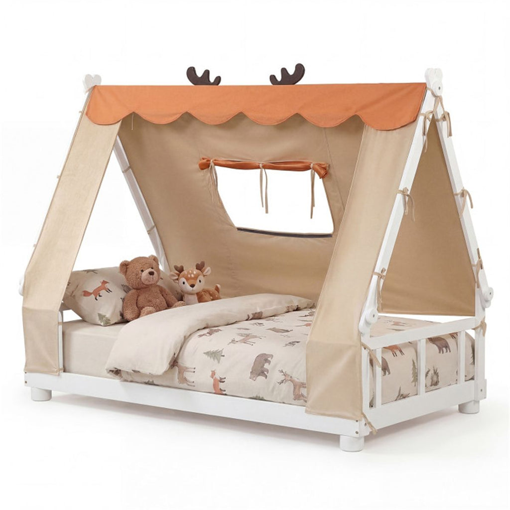 Twin Size Montessori House Floor Bed with Removable Canopy Tent, Solid Wood Kids Bed with Guardrails - White