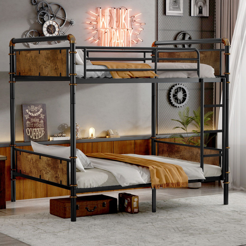 Twin XL over Twin XL Metal Bunk Bed, Industrial Detachable Bunkbeds with Safety Guard Rails for Teens, Black