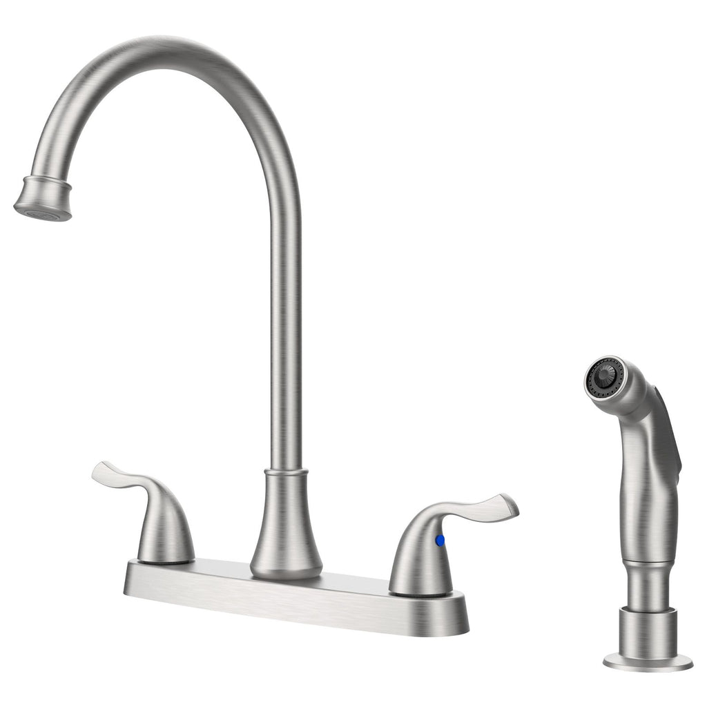 Two-Handle Kitchen Faucet with Pull-Out Side Sprayer, 360 Swivel 304 Stainless steel, 4-hole 8 inch installation, Brushed Nickel
[Unable ship weekends, TK/TEMU only for pickup]