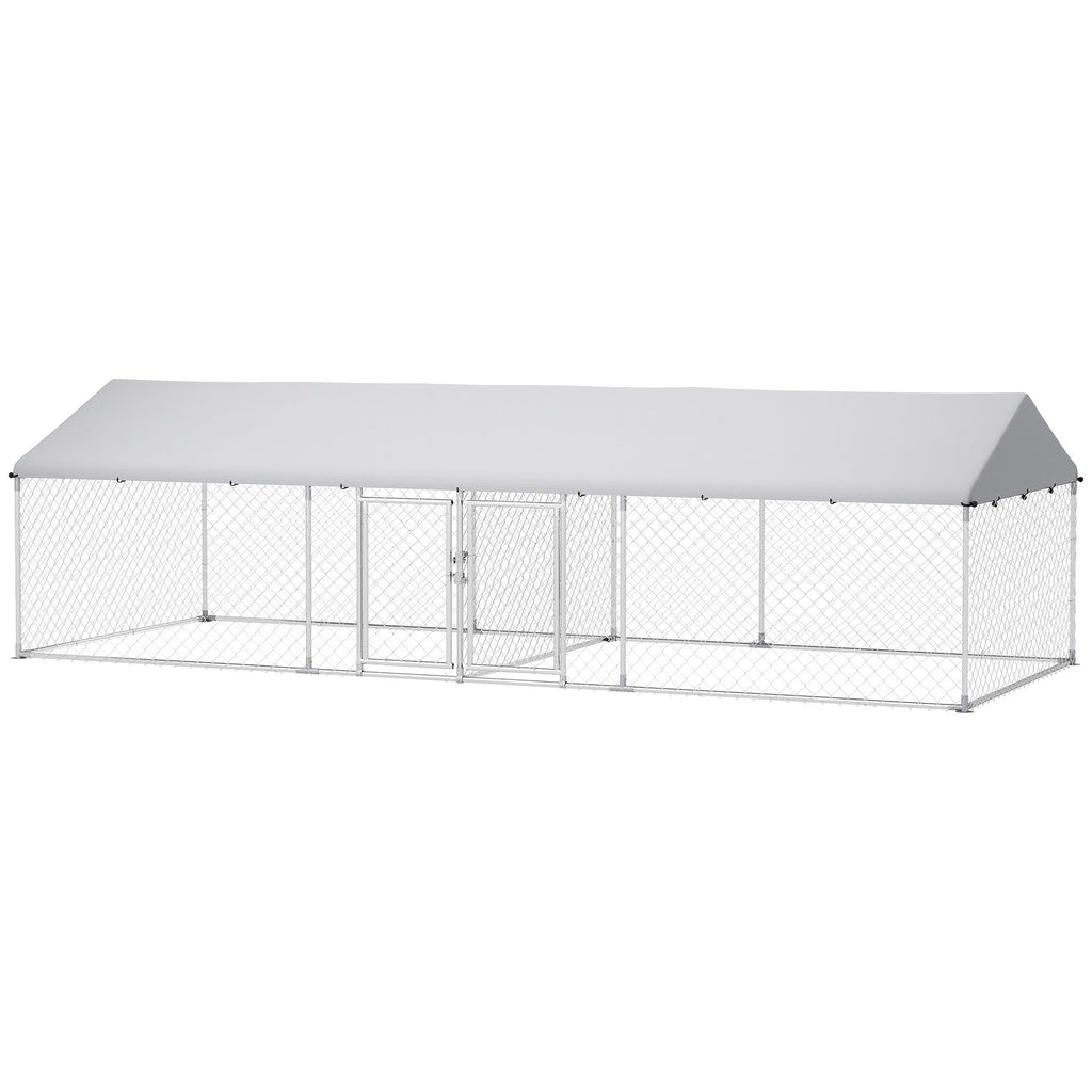 Two Room Outdoor Dog Kennel, Dog Run with Roof, Waterproof UV-Resistant Cover, Secure Lock, 19.7' x 7.5' x 5.2'