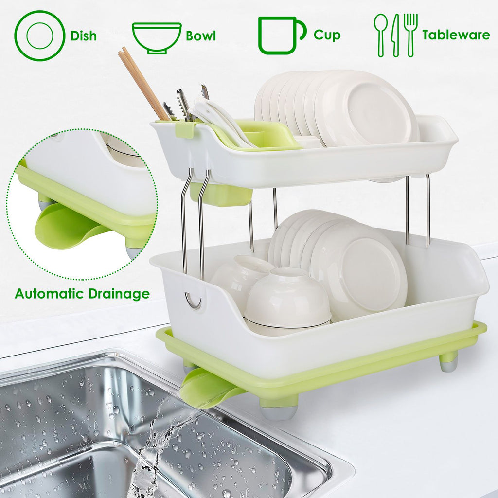 Two-Tier Countertop Dish Drainer, Kitchen Plate Bowl Utensil Holder with Removable Water Tray, Stable Stainless Steel Support for Kitchen Counter