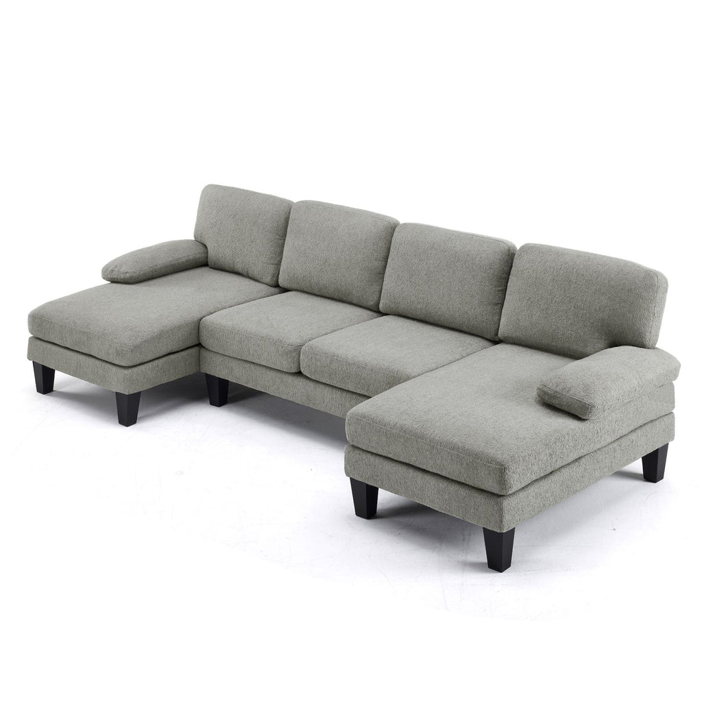 U-Shaped Convertible Sectional Sofa with 2 Short Chaise Lounges, 4-Seater Modular Chenille Fabric Couch with Plastic Legs, 111.4" L x 48.4" D x 33.1" H Indoor Living Room Combination Sofa, Grey Blue