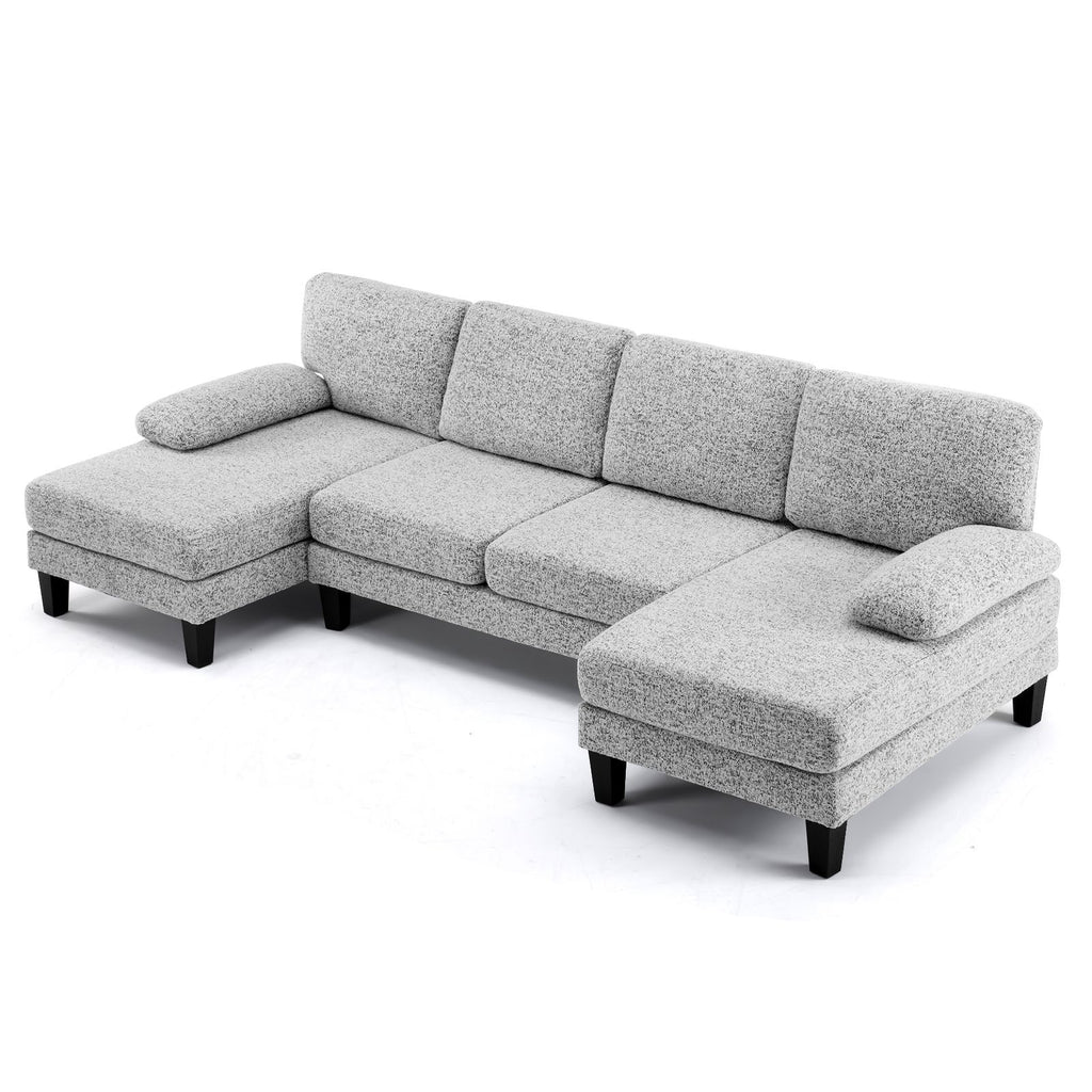 U-Shaped Sectional Sofa with 2 Short Chaise Lounges, 4 Seater Indoor Chenille Fabric Combination Couch, Plastic Legs, 111.4" L x 48.4" D x 33.1" H Living Room Furniture, Dark Beige Grey