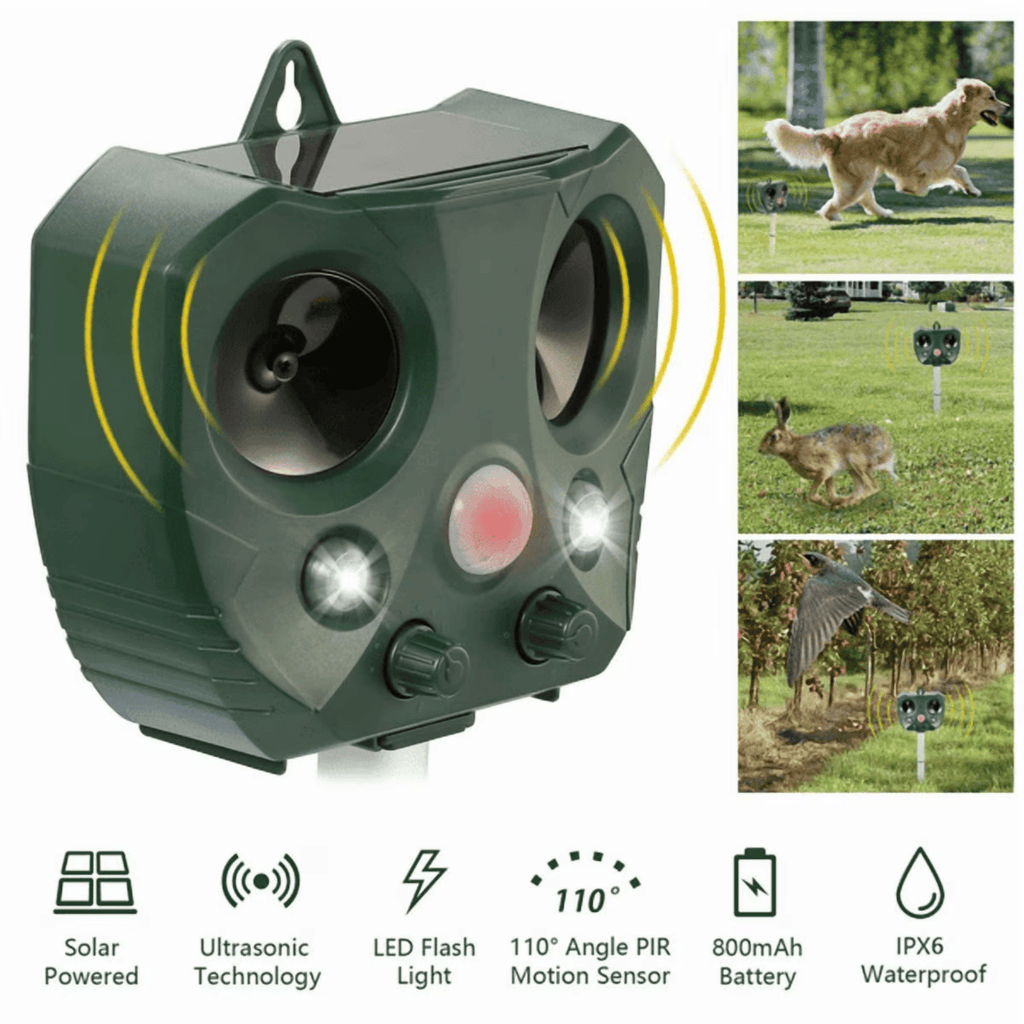 Ultrasonic Animal Repeller, Upgraded Solar Powered Pest Deterrent with PIR Motion Sensor, LED Flashing Light, Dual Speakers 5000 Sq.ft Coverage, Repel Cat Dog Squirrel Raccoon DeerforYardGarden