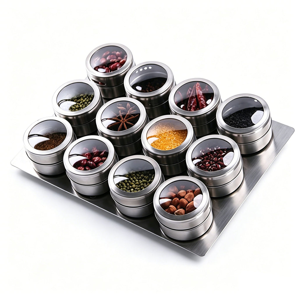 Upgrade Magnetic Spice Jars 12pcs with Wall Mounted,Stainless Steel Spice Tins with Lid and Small Holes for Sprinkle Rust Free Easy to Clean