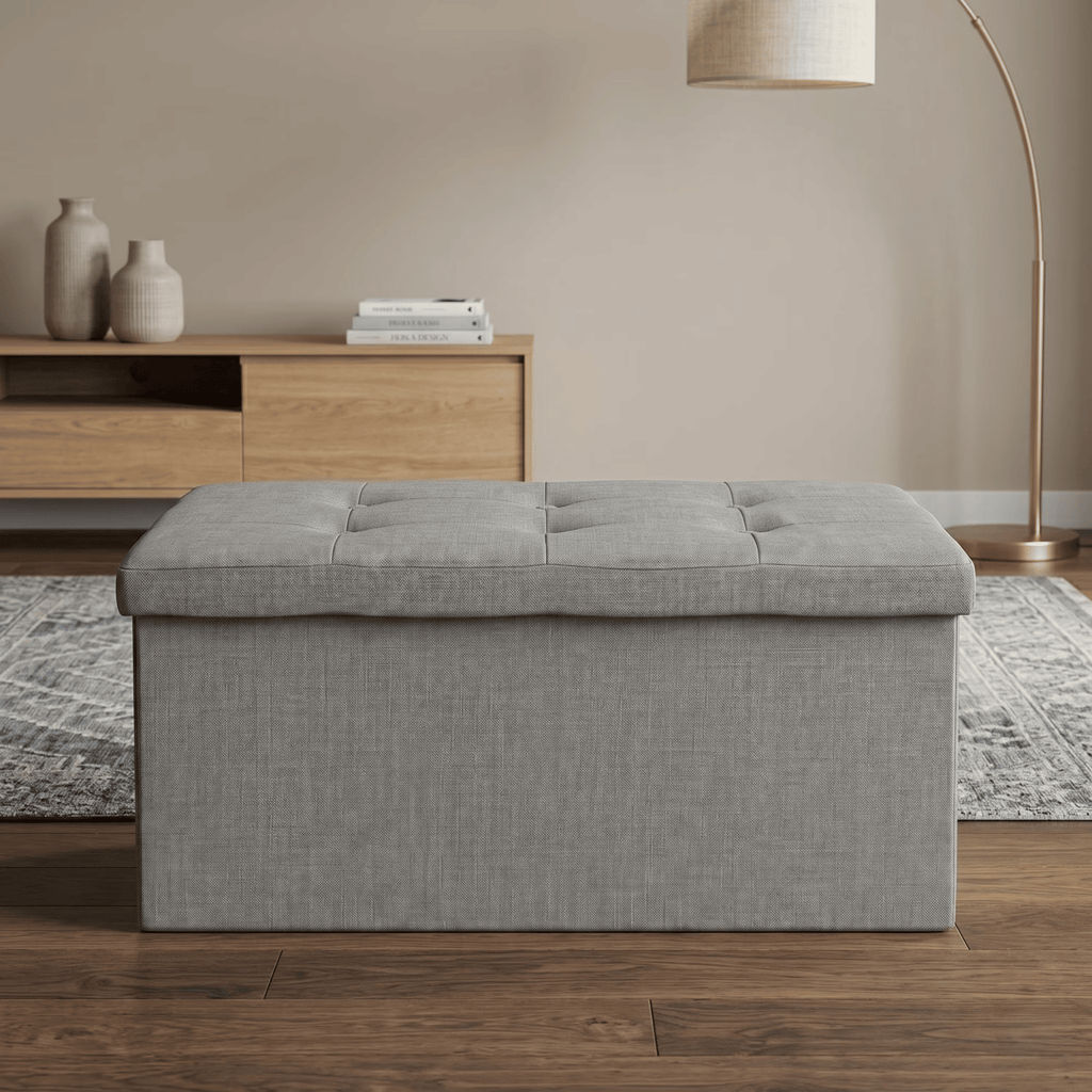 Upholstered FoldingStorageBench Grey Linen, Padded Seat with HiddenStorage, CollapsibleDesign