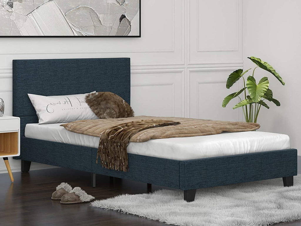Upholstered Linen Twin Platform Bed - Blue Twin Bed Frame with Fabric Headboard - Mattress Foundation - Metal Frame with Wood Slat Support - Twin / Blue RT