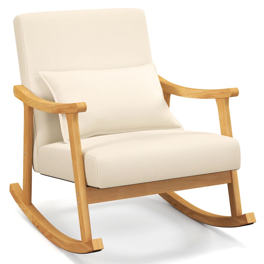 Upholstered Rocking Chair with Pillow and Rubber Wood Frame