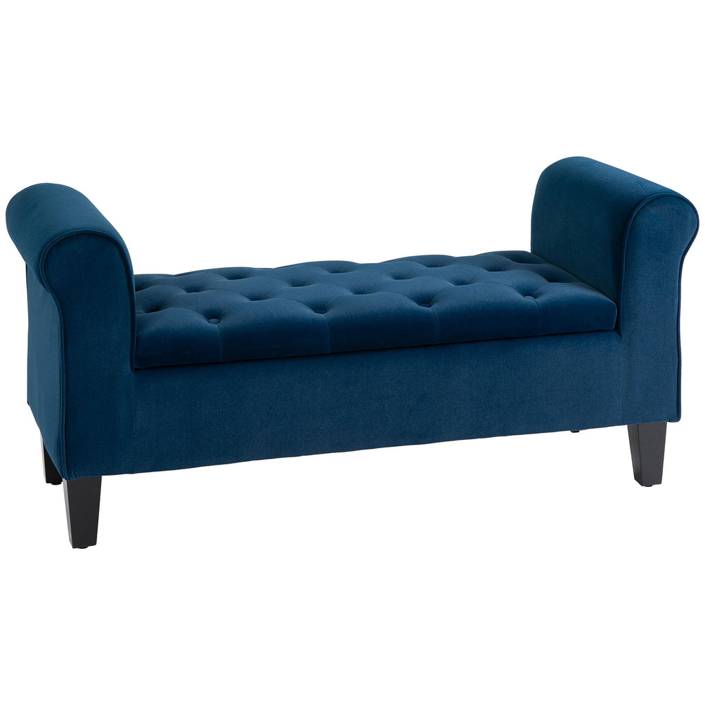 Upholstered Storage Ottoman Bench Button-Tufted Bed Bench with Rolled Armrests Blue