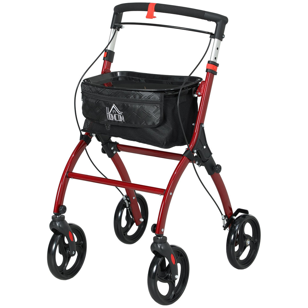 Upright Walker Rollator, Rolling Walker with Storage Bag, Tray, Dual Brakes, Adjustable Height, for Seniors, Red