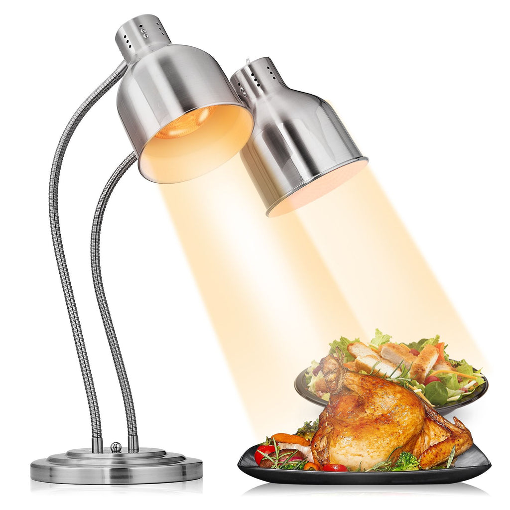 US Standard HT-222 110V 500W Commercial Food Heating Lamp, Silver Stainless Steel Vertical Electric Double-Head Food Warming Lamp