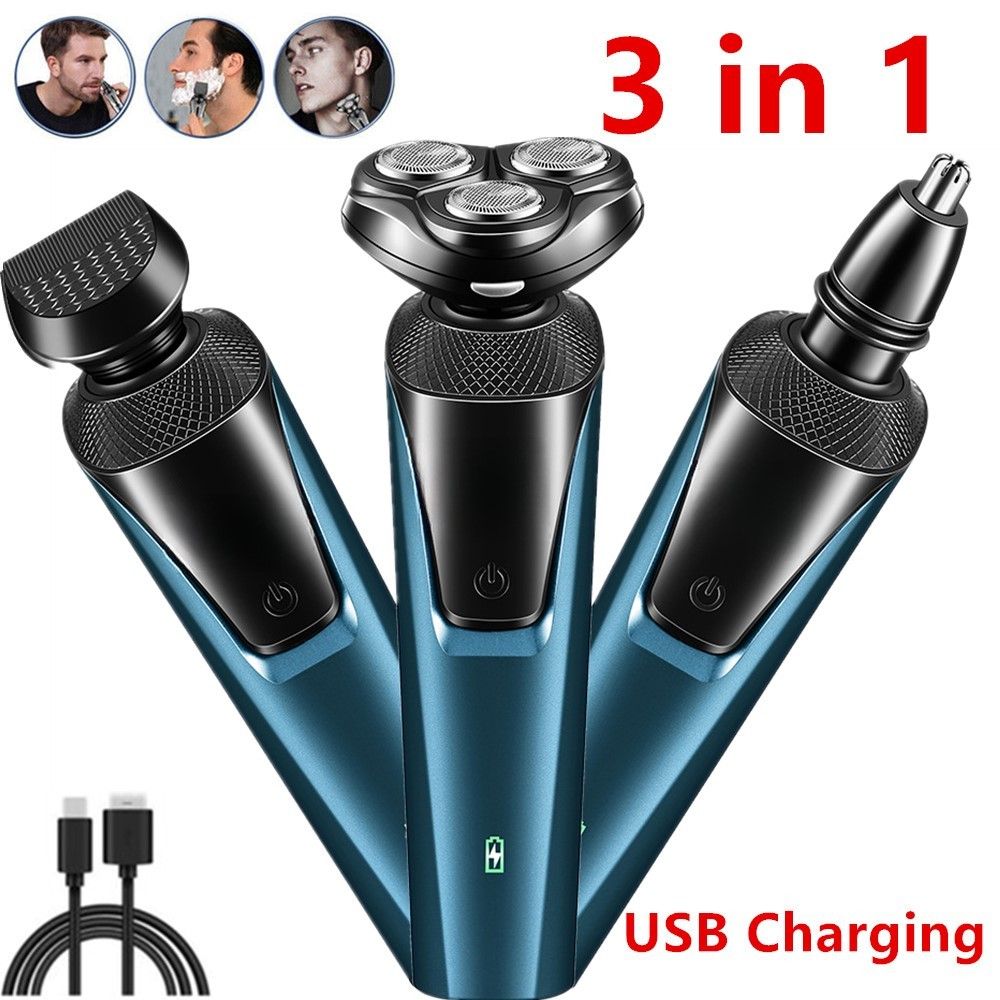 USB Rechargeable 3-In-1 Men's Professional Multi-function Cheek Beard Trimmer Men Nose Hair Cutting Barber Shaver Machine Blue (Logistics only For USPS.TK/TMEU only For self-pickup)