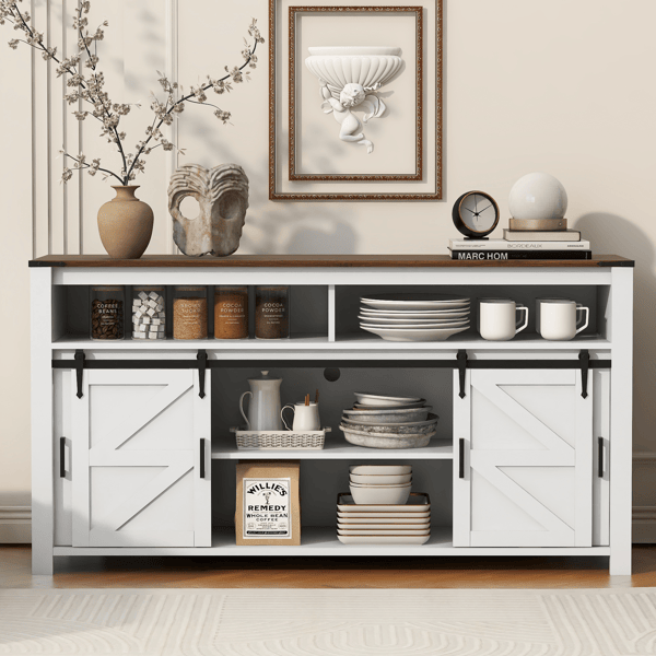 U_STYLE 59.3''Sideboard with Sliding Barn Door and Mesh Panels,Farmhouse Buffet with Open Storage,Suitable for Living Room, Hallway, Balcony,Kitchen, Office