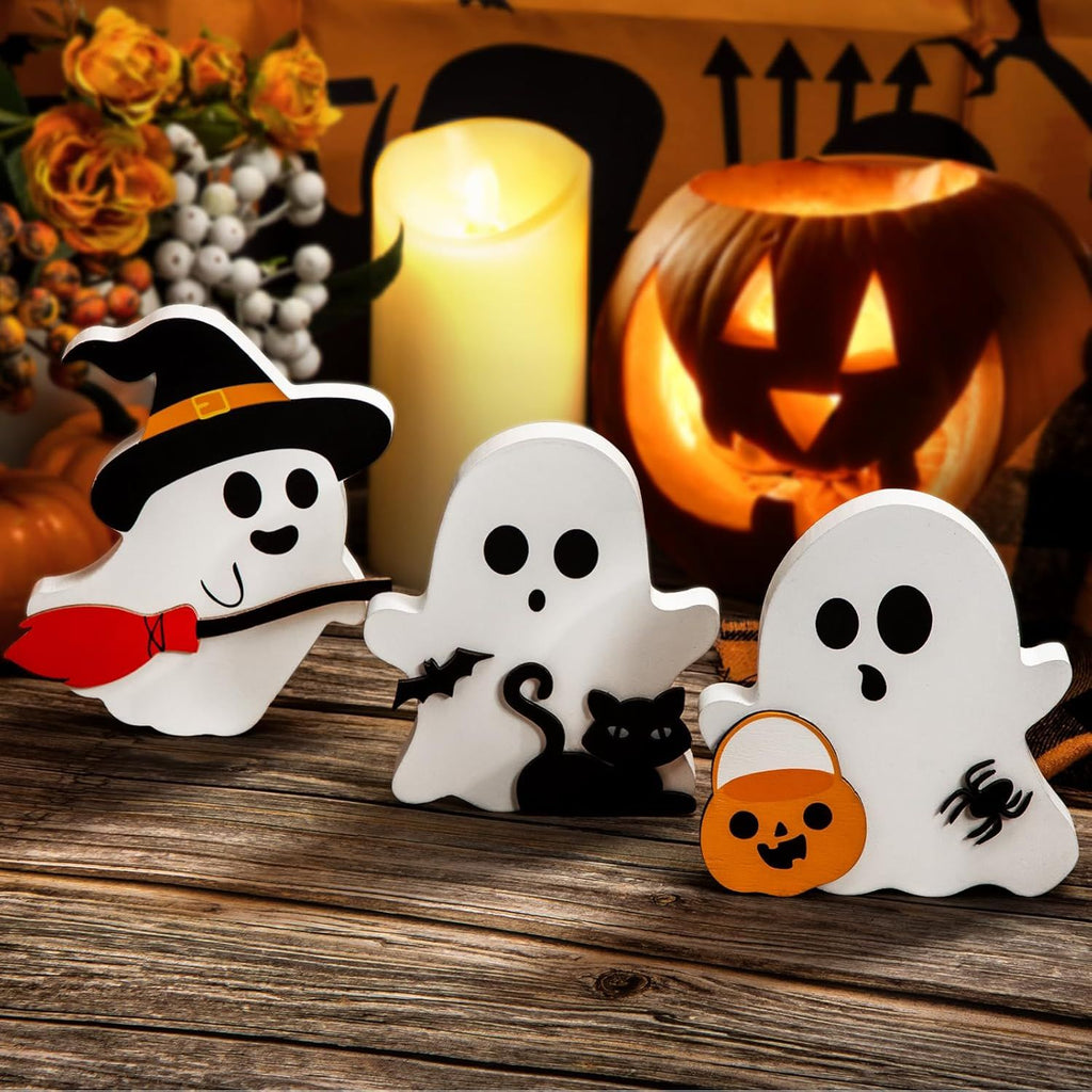 ute Ghost Halloween Decorations Indoor, Wooden Tiered Tray Decor Table Sign Set of 3, Black Cat Bat Witch Broom Signs Pumpkin Blocks for Party Home Shelf Display