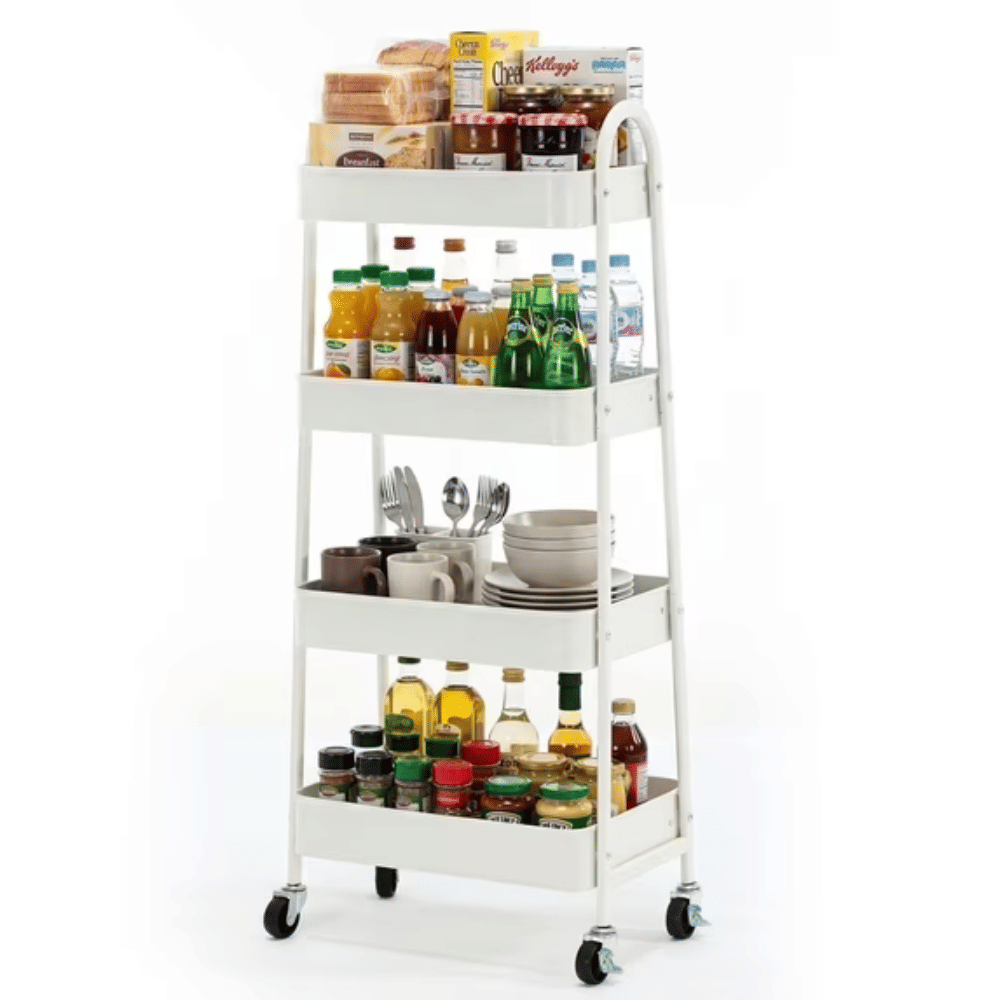 Utility Rolling Cart, 4Tier Slim Storage Design, Metal, Lockable Wheels, White (Shipment from Walmart)