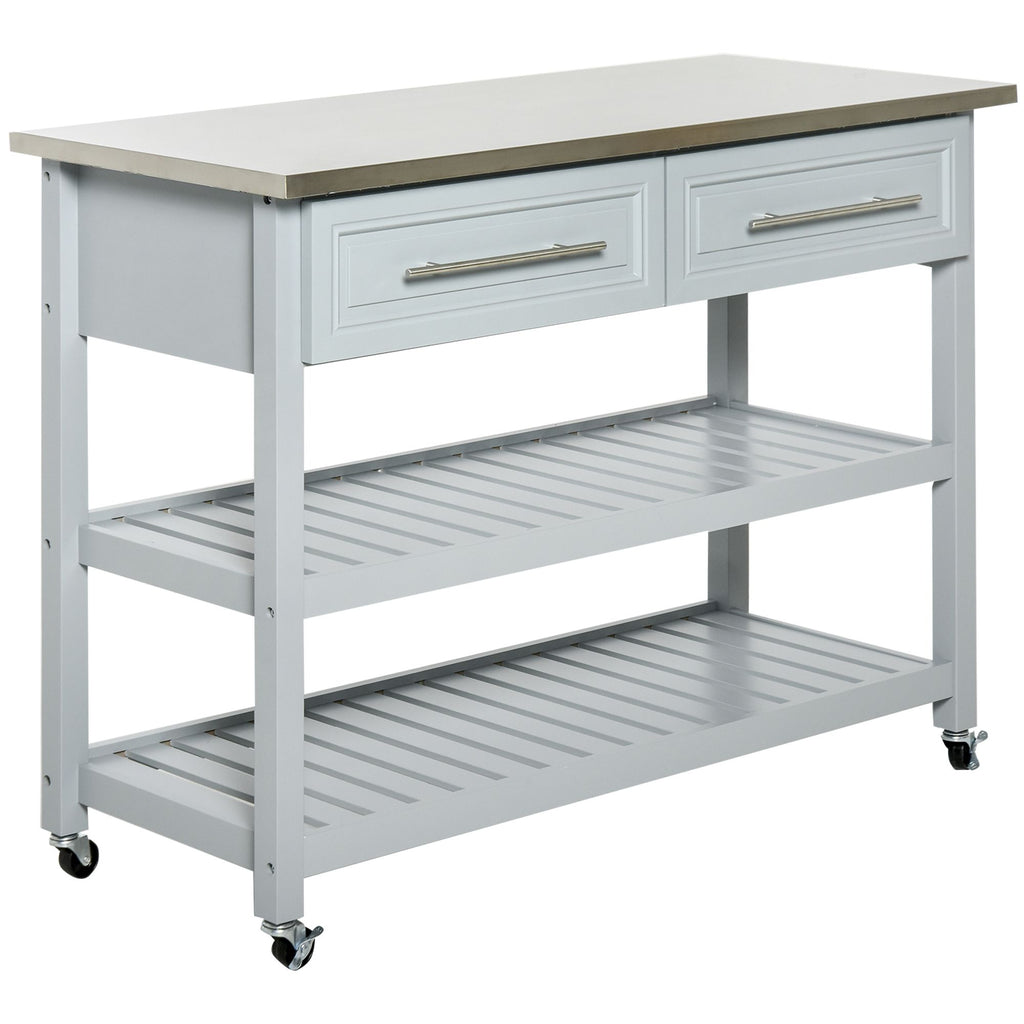 Utility Trolley Cart, Gray, with Stainless Steel Top, 2 Drawers, Rolling Kitchen Island