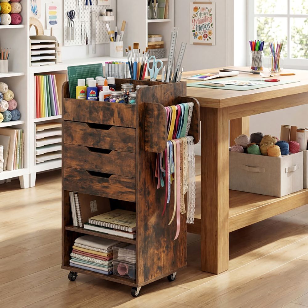 Utility Trolley with Open Shelves and 3 Drawers