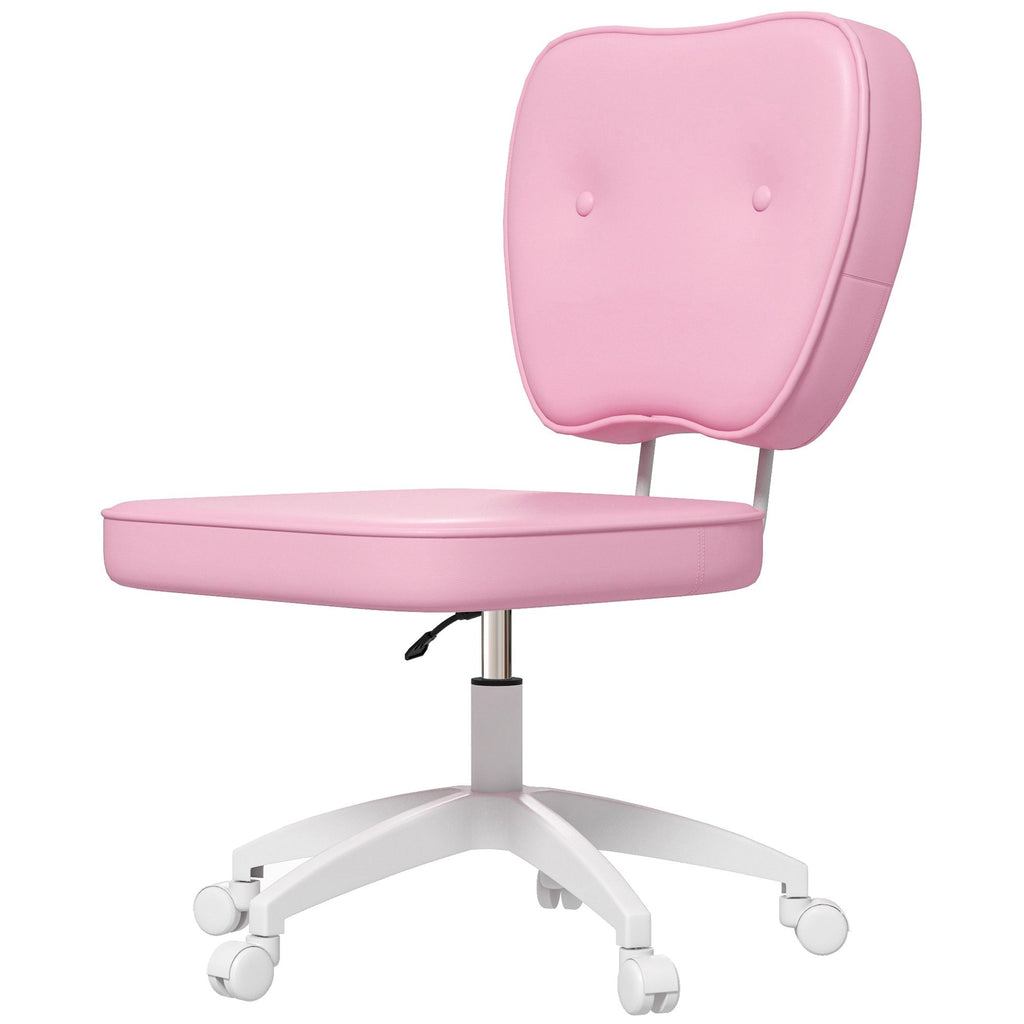 Vanity Chair with Back, PU Leather Computer Chair with Adjustable Height, Armless, Swivel Wheels, Pink