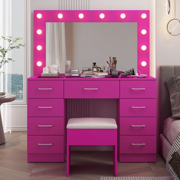 Vanity Desk Set with Large Lighted Mirror and Powre Outlet, Glass Top Makeup Vanity with 9 Drawers, Vanity Table with 12 LED Lights, 3 Lighting Color Adjustable, Pink
