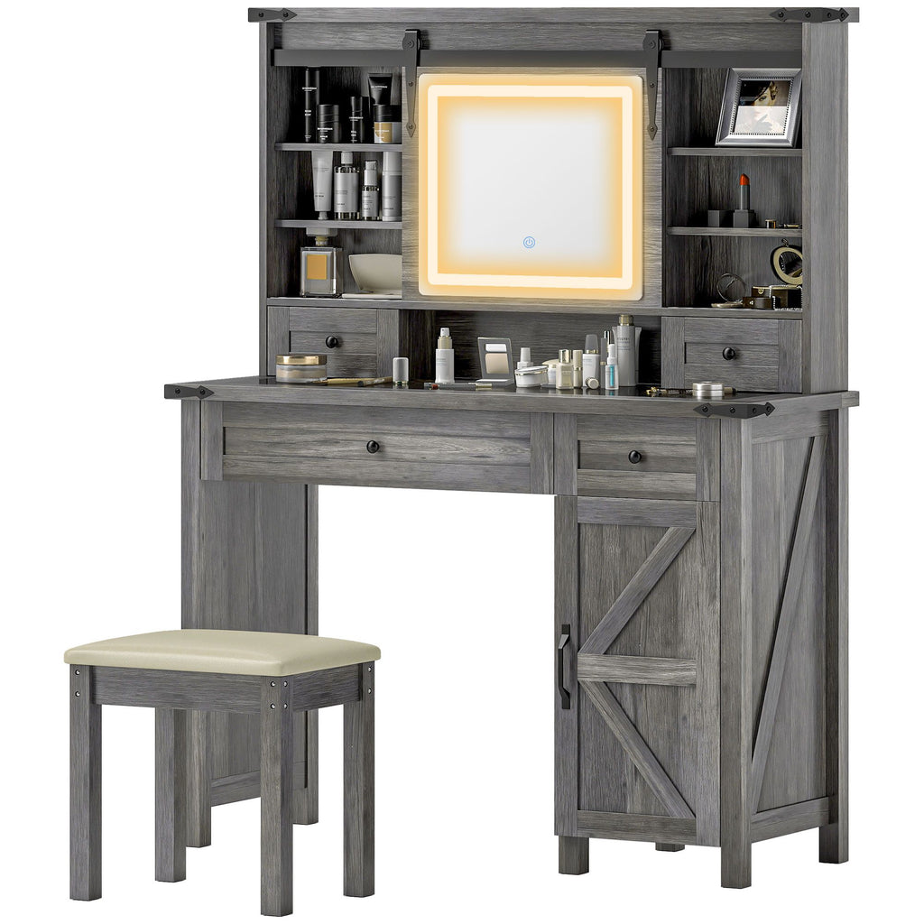 Vanity Desk Set with Mirror and Lights, Cushioned Stool, Storage Drawer, Cabinet, Shelves for Bedroom, Gray