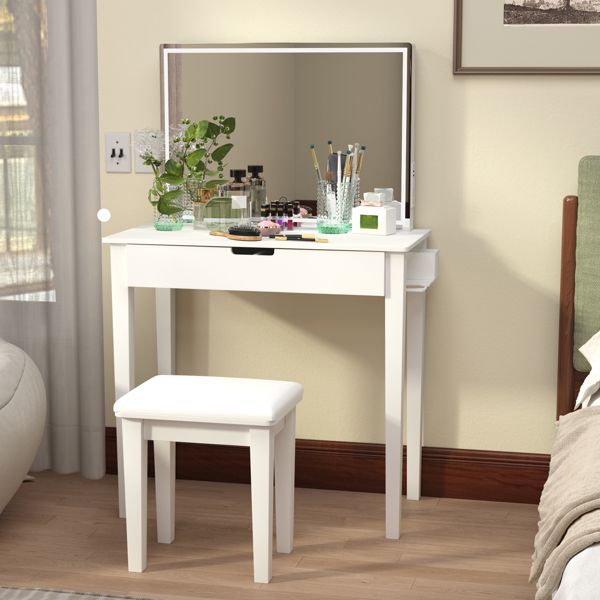 Vanity Desk Set With Mirror For Makeup, Makeup Table With 1 Drawer Storage Cosmetics, Vanity Dressing Table For Bedroom With Dimmable LED Light With Stool,White Finish