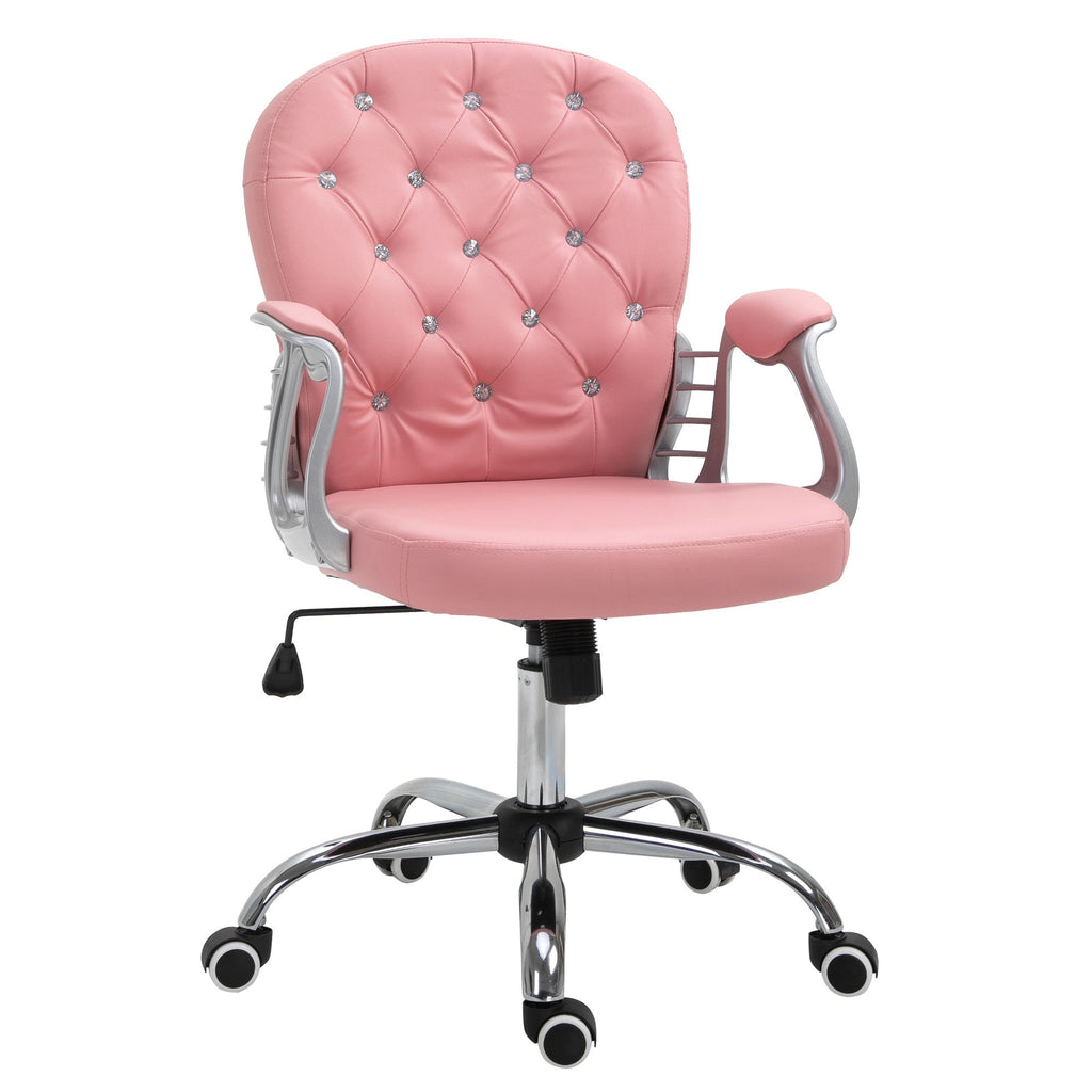 Vanity PU Leather Office Chair, Mid Back, Tufted Swivel Task Chair, Adjustable Height, Pink