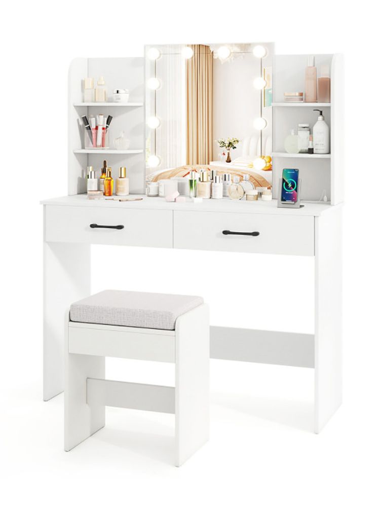 Vanity Set with Lighted Mirror and Stool with Power Outlet
