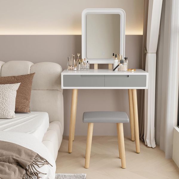 Vanity Table Set with Adjustable Brightness Mirror and Cushioned Stool, Dressing Table Vanity Makeup Table with Free Make-up Organizer( video provided )